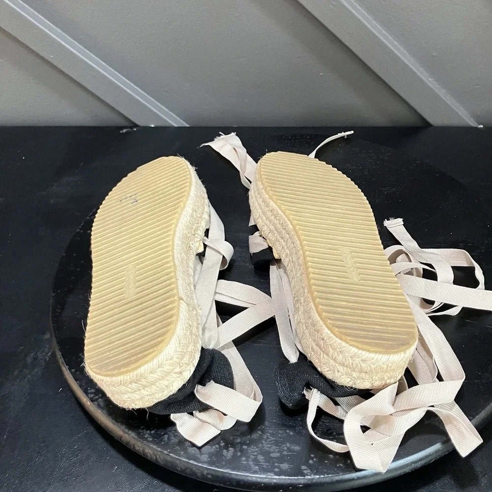 Free People Womens Size 7 EU 37 Espadrille Lace Up Ribbon Sandals Black Beige